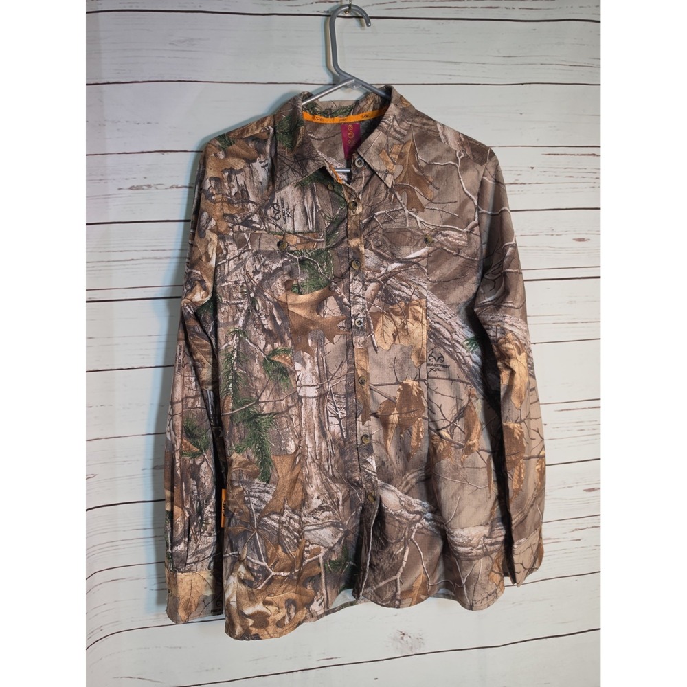 SHE Outdoor Women L Realtree Xtra Camo Button Down Hunting Shirt Ripstop Stretch